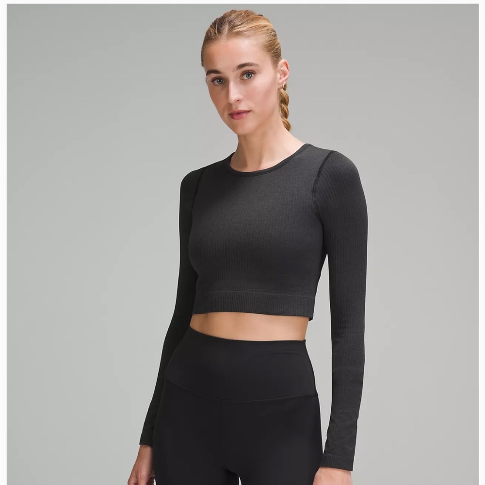 Lululemon Ebb to Street Long-Sleeve Shirt. Black, ribbed, cropped.